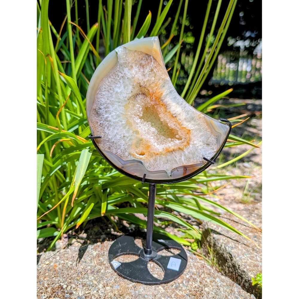 Large Agate Moon Crystal on Stand -  1lb 3.9oz - D